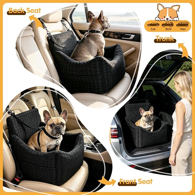 Topmart Dog Car Seat for Small Medium Dogs Under 35lbs, Memory Foam Safety Dog Booster Seat for Front & Back Seat, Cozy Pet Bed for Car with Safety Tether, Storage Pockets, Machine Washable Cover