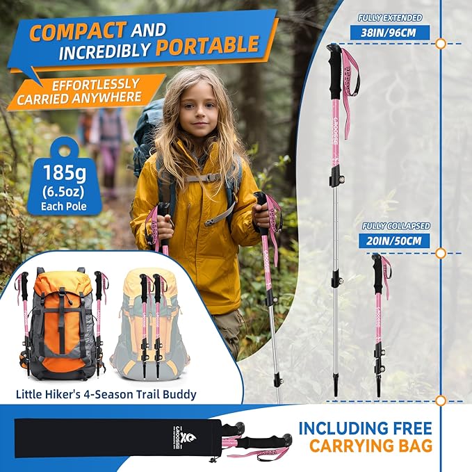 Lightweight Collapsible Kids Hiking Poles - Retractable Kids Hiking Stick, Telescoping Aluminum Trekking Poles 2 Pack, Adjustable Kids Ski Poles by Croosse