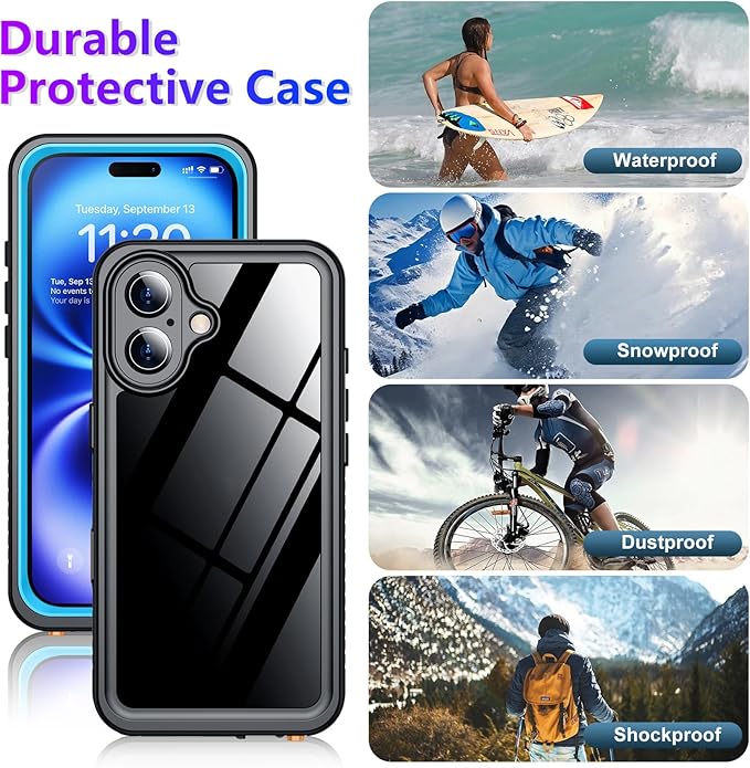 Compatible with iPhone 16 Case Waterproof, Built-in Screen & Camera Protector IP68 Underwater Full Body 16FT Military Dropproof Shockproof Phone Case 6.1"-Blue/Clear