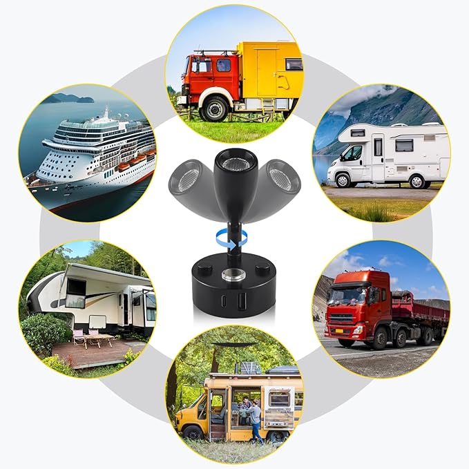 12V LED RV Interior Reading Light, Dimmable, with Dual USB Ports, RV Bedside Reading Light with Touch Switch, for Campers and Travel Trailers