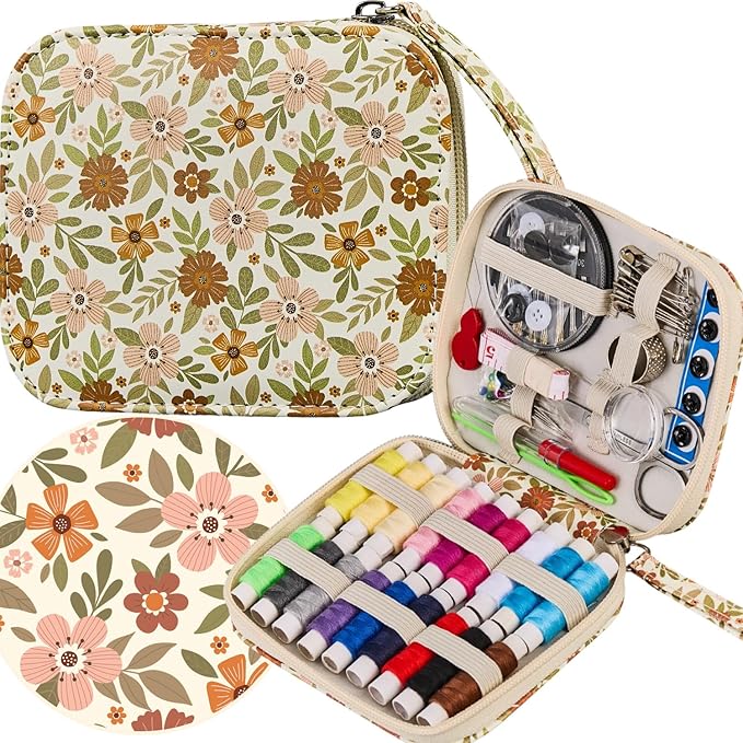 Printing Floral Sewing Kit with 18 Colors Sewing Thread Basic Hand Sewing Supplies,Portable Travel Sewing Kit for Adults & Beginners Repairs