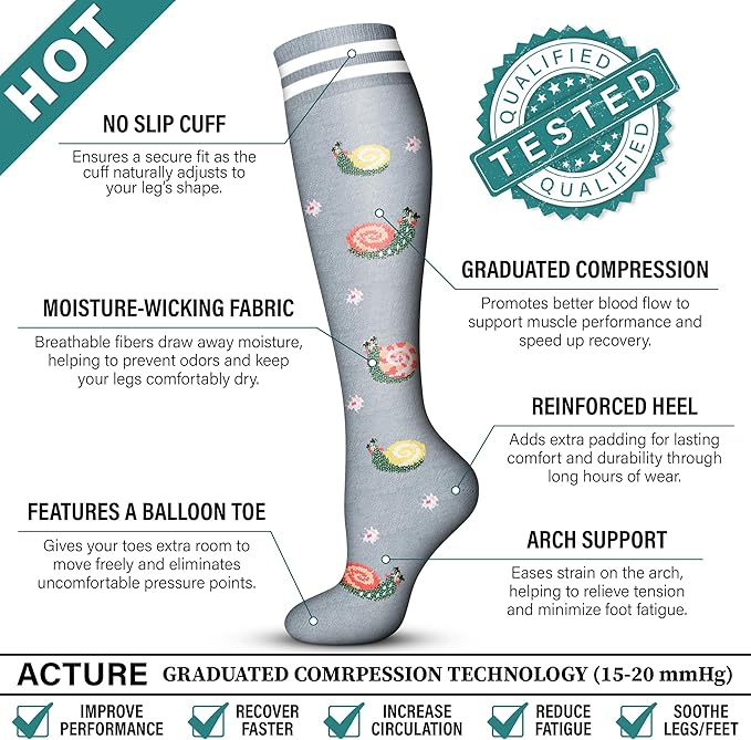 Acture 6 Pack Compression Socks for Women and Men - Knee High for Medical, Running, Nurses, Travel