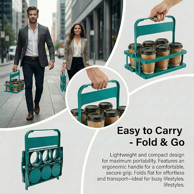 6 Cup Drink Carrier for Delivery - Foldable Drink Holder with Handle, Reusable Cup Carrier for Drinks, Portable Beverage Caddy Accessories for Parties, Camping, Car, Coffee & Bottles (Teal)