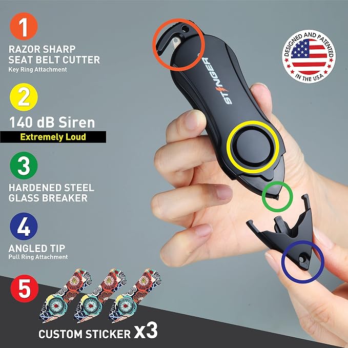 Stinger Personal Alarm Keychain Emergency Tool, Safety Panic Alarm Siren, Seat Belt Cutter, Glass Breaker, Security Device for Women Men Kid, Design in USA(Ladybug)
