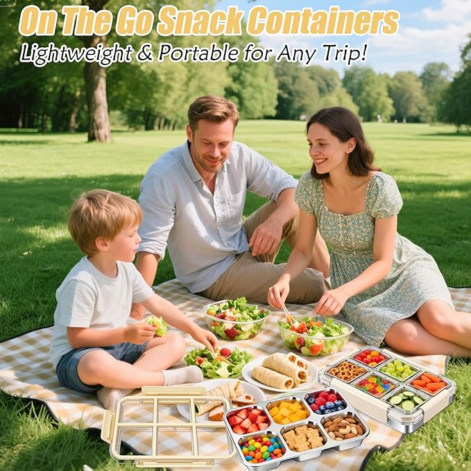 Palksky Snack Box Stainless Steel 6 Compartment, Reusable Snack Containers with Lids, Portion Control Snack Boxes for Adults, Ideal for Office Desk, Travel, Picnic & Fitness, 2 Packs