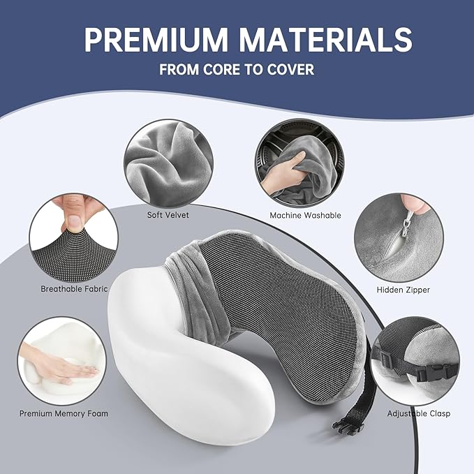 Neck Pillow Travel Pillow - 100% Pure Memory Foam Airplane Pillow with Adjustable Clasp & Removable Cover, Portable Travel Essentials for Long Flights, Car & Office (Light Gray)