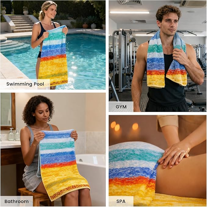 SEMAXE Bath Towel Set, 8 Piece Towel Set for Bathroom, Quick Dry Cotton Towels with Hanging Loops, Easy Care, Colorful Striped
