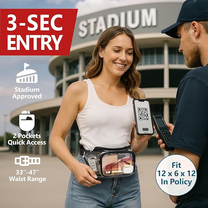 Veckle Clear Fanny Pack Stadium Approved - Adjustable 33-47 Inch Strap, Transparent Belt Bag for Women Men Fits 7.5-inch Smartphone, Waist Bag Clear Bag for Sport Events, Concerts, 2-Pack Black