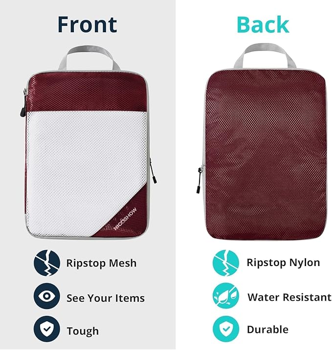 NICOSHOW 7 Set Compression Packing Cubes for Travel - Compressible, Lightweight, and Space-Saving Packing Cubes, Travel Essentials for Women, Wine