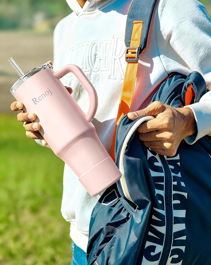 Renoj Insulated Mug 100% Leak Proof Insulated Water Bottle for Iced Coffee & Hot Drinks - Fits Car Cup Holder, Ideal Gift, 2 Straws & Silicone Boot - SnapShift Light Pink 32 oz