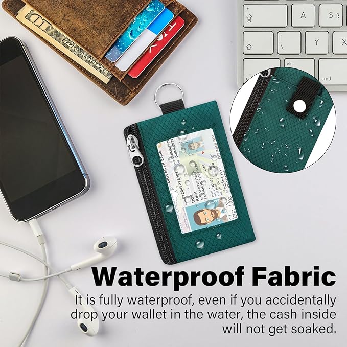 Minimalist Small Wallet for Men Women with 2 Zip Pockets, Multi Functional ID Case with Keychain and Card Holder, Coin Purse Badge Lanyard Pouch for Boys Girls Travel -DarkGreen