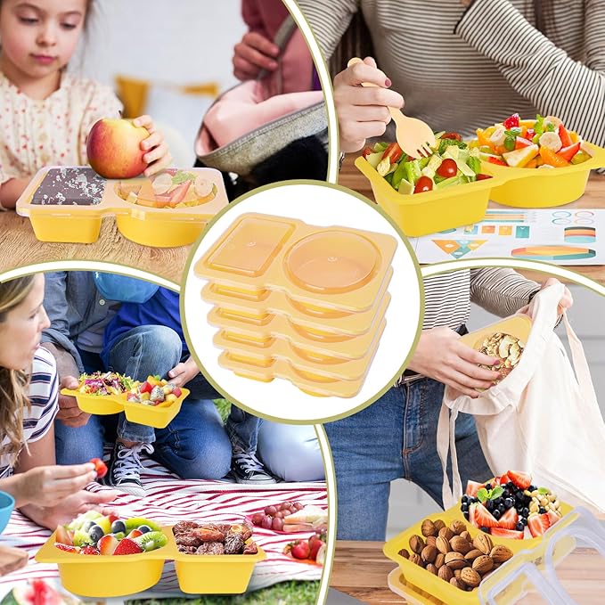 20 Pack Reusable Snack Containers with Lids - Double Compartment Condiment Snack Pack Containers with 20 Fork, Microwave Safe Portion Control Containers for Meal Prep, Take-out, Party & Travel(Yellow)