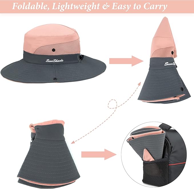 Sun Hat for Women Summer UV Protection Beach Hat Wide Brim Mesh Bucket Fishing Hat with Ponytail Hole Foldable Packable Hat