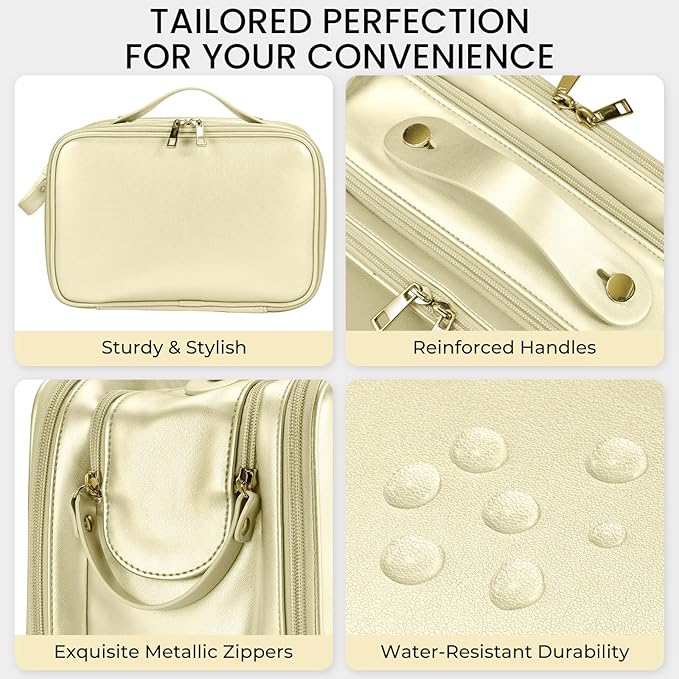 Travel Makeup Bag Women's Large Capacity Cosmetic Portable Organizer Large Opening Waterproof Storage Toiletry Bags Vertical Free-Standing Brush Holder for Easy Access Gold
