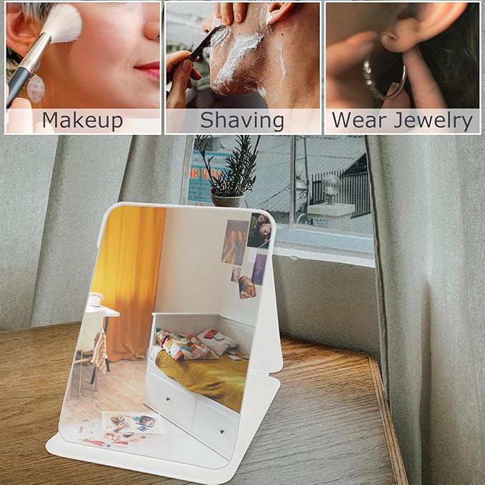 Makeup Mirror, 7x10 Inches Portable PU Leather Mirror, Folding Desktop Vanity Mirror with Adjustable Stand for Vanity Table, Office, Travel (L, White)