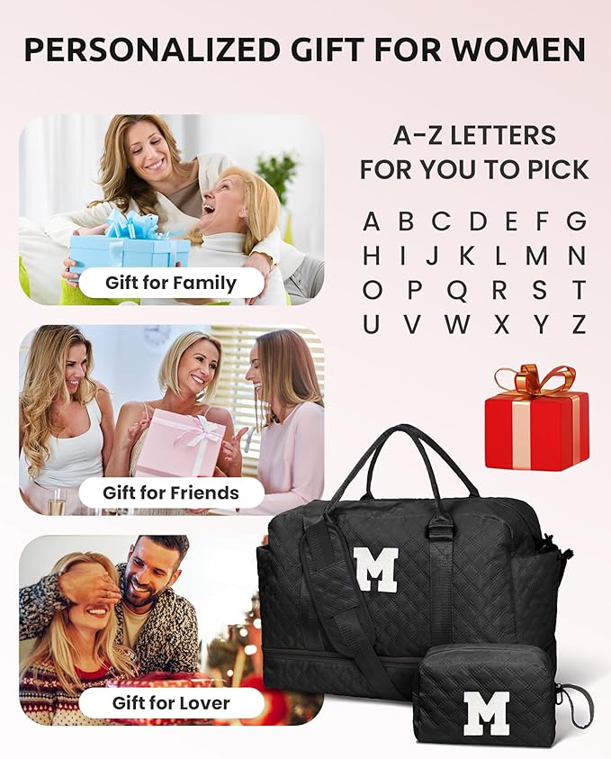 Navy Duffel Bag - Personalized Initial, Weekender, Overnight, Travel Bag with Shoe Compartment & Makeup Bag, Size 12x7x2 inches
