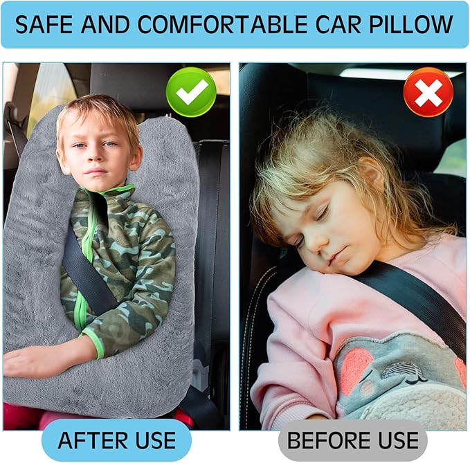 Barydat 2 Pcs Car Travel Pillow for the Back Seat 28 x 18 in Sleeping Reading Pillows for Long Distance Travel Car Cushion for Kids Adults Head and Body Support U Shaped Pad for Travel(Gray, Blue)