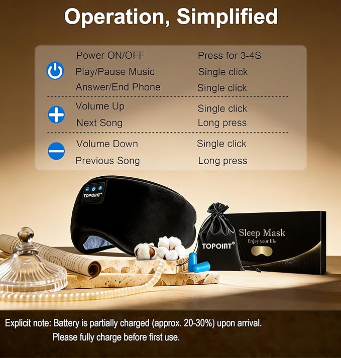 TOPOINT Sleep Mask with Headphones Bluetooth 5.4 Wireless, Sleep Headphones Earphones Earbuds with Microphone HD Speakers Music, Blackout Eye Mask for Sleeping Travel Meditation Men Women Cool Gadgets