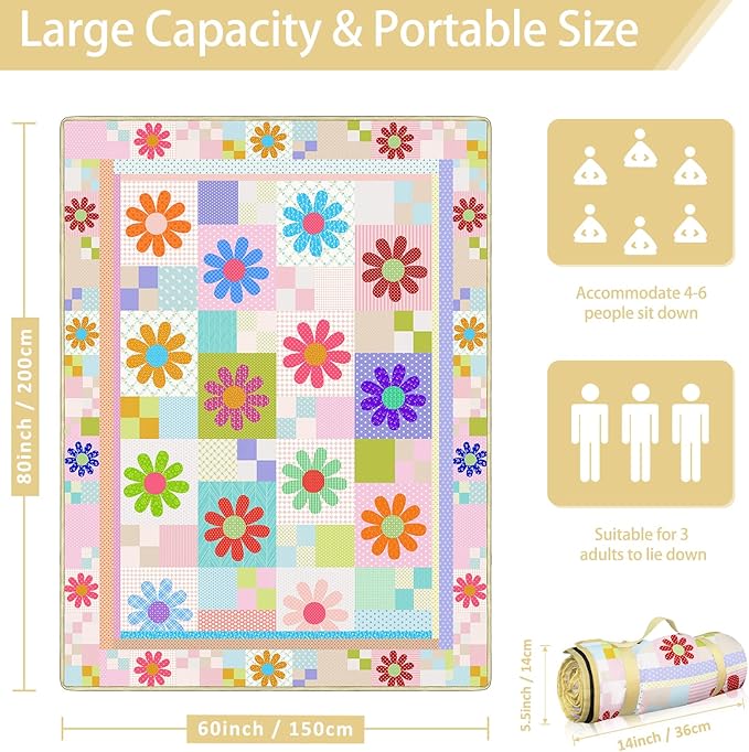 Daisy Picnic Blankets Waterproof Foldable, 60″X80″ Packable Picnic Mat Sunflower Outdoor Blanket for Grass, Large Beach Blanket Sandproof Picnic Accessories for Camping Music Festival Park Lawn Travel