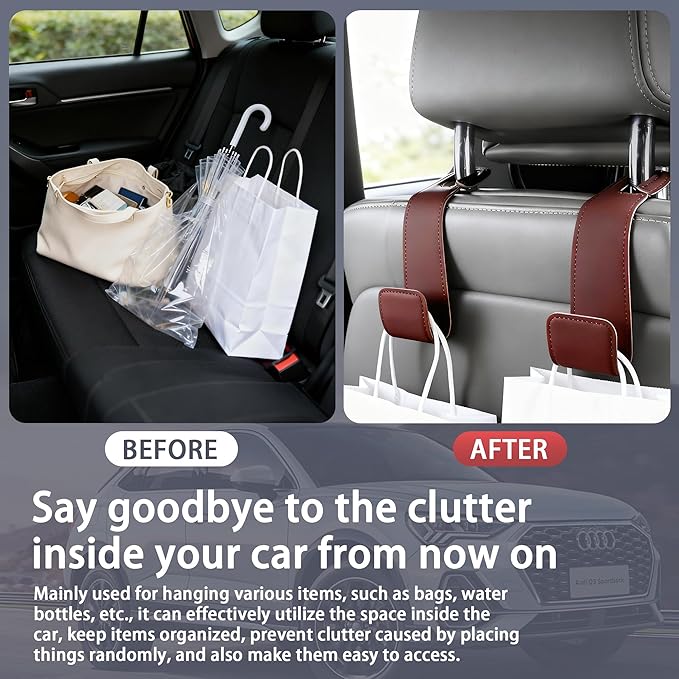 Leather Car Purse Hooks with Larger Strap Holder Purse Hook Purse Holder for car car seat Back Hooks Automotive seat Back Organizer headrest Hooks for Bags and Purse (Brown, 2pcs)