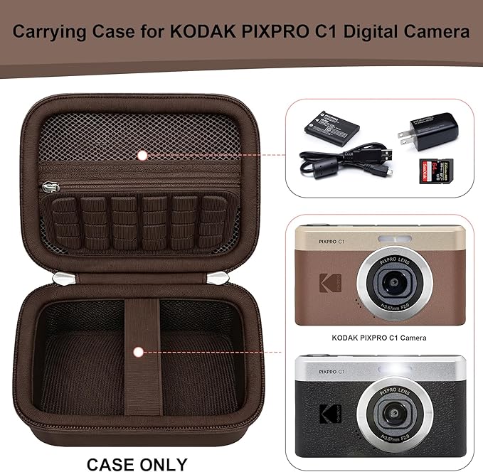 RAIALL Carrying Case for KODAK PIXPRO C1 Friendly Zoom Digital Camera, Point and Shoot Vlogging Camera Hard Travel Bag, Mesh Pocket for Charging Adapter, SD Card, USB Cable and Batteries, Brown