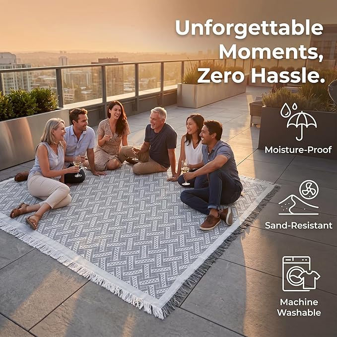 70x70 Bohemian Picnic Mat Extra Large, Sand Proof Outdoor Camping Blanket Machine Washable, Lightweight Portable Travel Tarp for 5-7 Adults Beach Park Grass (Gray-T-Grid)