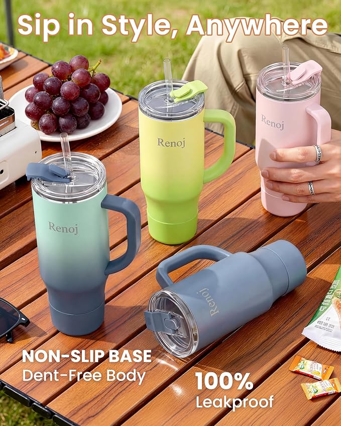 Renoj Insulated Mug 100% Leak Proof Insulated Water Bottle for Iced Coffee & Hot Drinks - Fits Car Cup Holder, Ideal Gift, 2 Straws & Silicone Boot - SnapShift Blue Gradient 40 oz