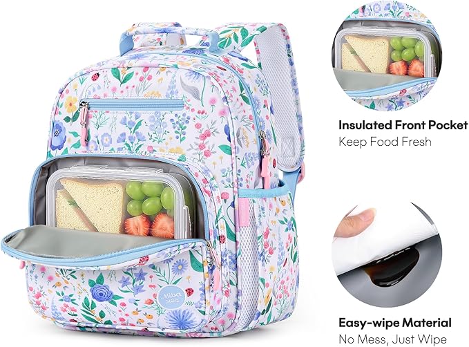 mibasies Kids Backpack for Girls: Girls Backpack 5-8 - Kindergarten Elementary School Bookbag for Girl - Floral Sky Blue