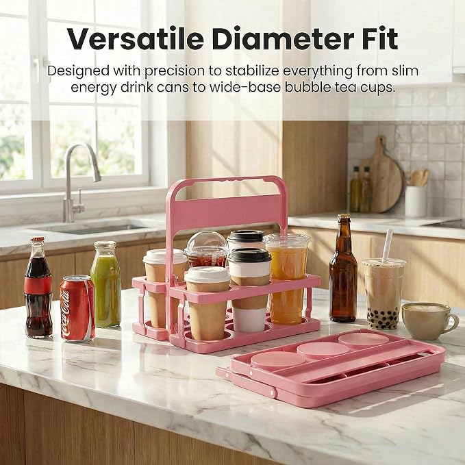 6 Cup Drink Carrier for Delivery - Foldable Drink Holder with Handle, Reusable Cup Carrier for Drinks, Portable Beverage Caddy Accessories for Parties, Camping, Car, Coffee & Bottles (Pink)
