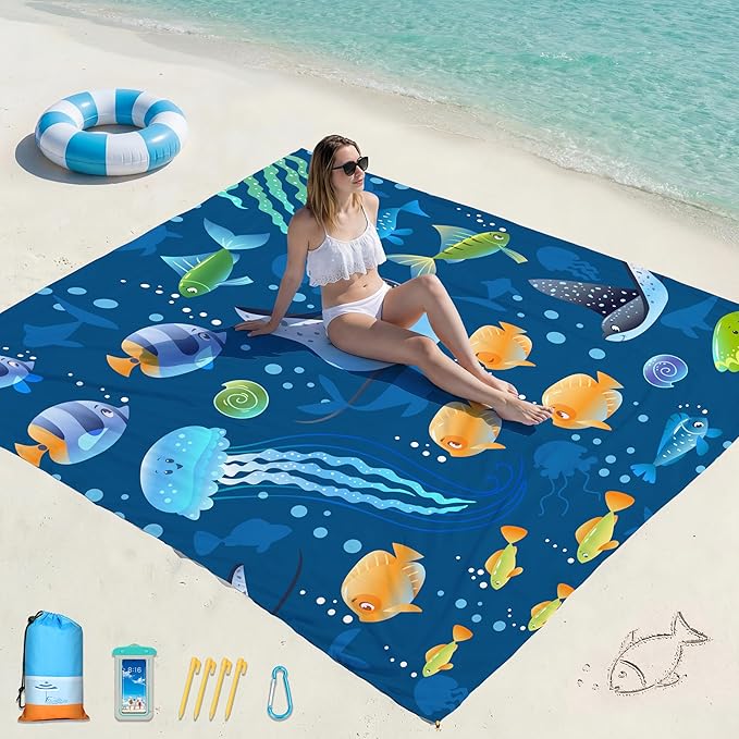 Famstar Beach Blanket Oversized Extra Large 78"X81"/10'X9',Waterproof Sandproof Beach Blanket 2-8 Adults Lightweight Durable for Travel Camping Hiking Picnic