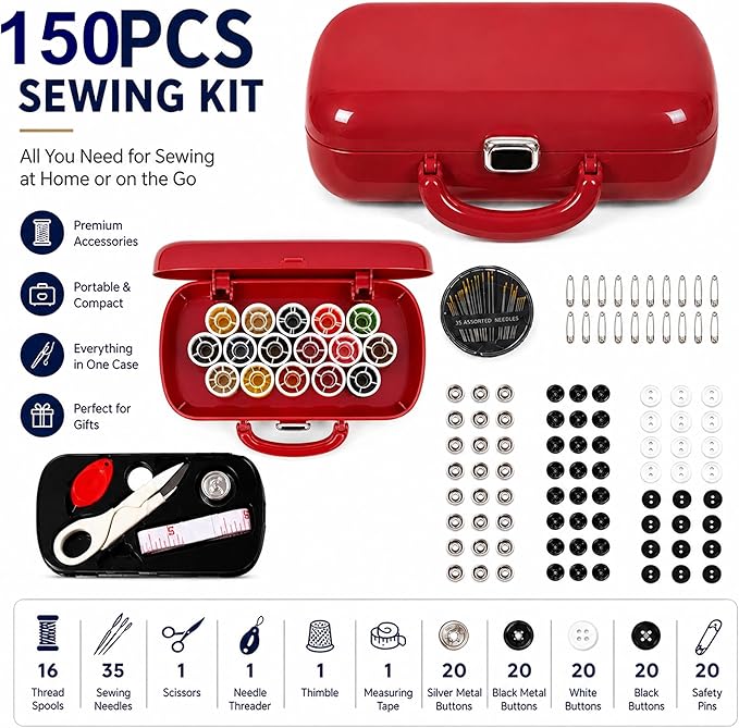 150Pcs Red Sewing Project Kit, Travel Family Sewing Supplies Repair Kit Portable Small Traveler Sewing Kit Sewing Thread Accessories DIY Sewing Supplies Organizer (Red)