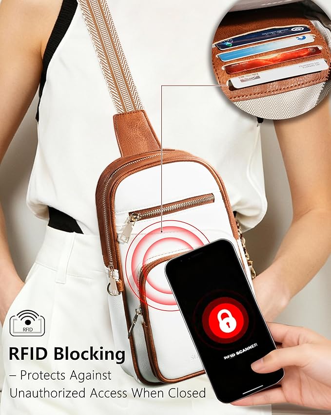 Anti Theft Crossbody Bags for Women,RFID Sling Bag Travel Purse,Vegan Leather Cross Body Purses Chest Bag for Travel(white＆Brown)