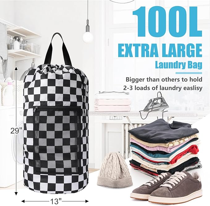 Laundry Bag Backpack, Extra Large Travel Laundry Bag with Mesh Pocket & Adjustable Shoulder Straps,Dirty Clothes Travel Bag for College Students Dorm,Apartment(Positive Square)