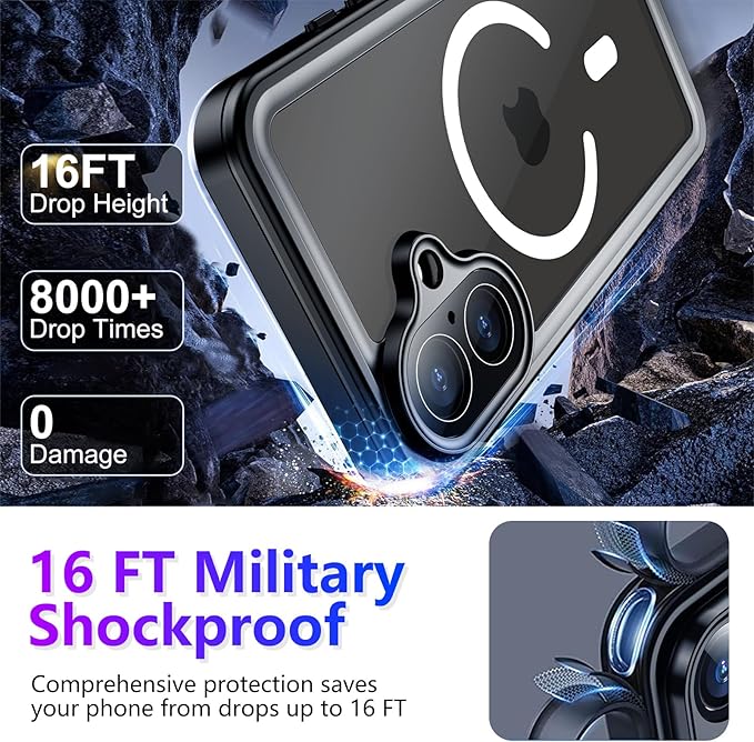 Magnetic Compatible with iPhone 17 Case,Waterproof Built-in Screen & Camera Protector IP68 Underwater Full Body 17FT Military Dropproof Shockproof Phone Case 6.3"-Mag/Black