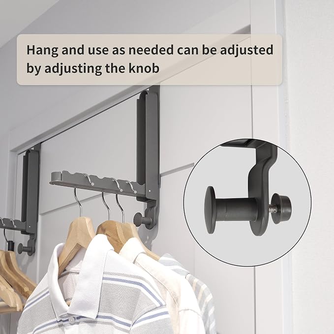 RFOUO Over The Door Hooks Hanger, Fits Door up to 1 3/4",Space Grey, 1 Pack | Aluminum, Retractable Rod, Space-Saving, Foldable Over The Door Drying Rack,No drilling, For Laundry Bathroom Bedroom Travel