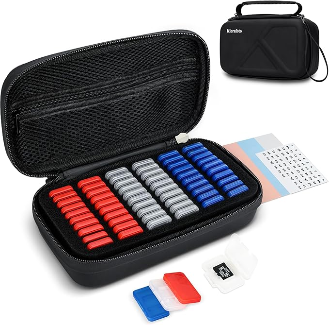 EVA PU Micro SD Card Case with 60 Individual Plastic TF Card Holders - Water-Resistant, Anti-Shock Carrying Organizer with Handle & Label