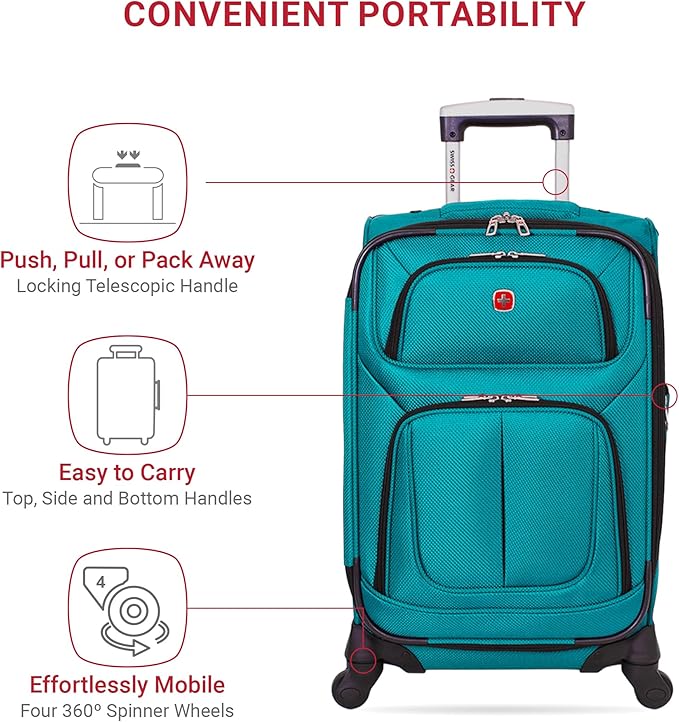 SWISSGEAR Sion Softside Expandable Spinner Luggage Durable Lightweight Travel Suitcase, Teal, Carry-On