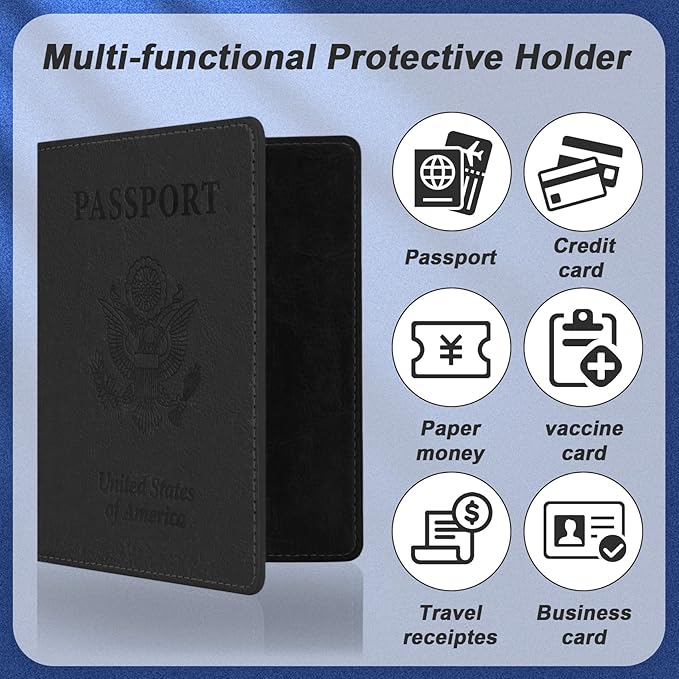 Passport Holder for Travel, 2 PCS Passport Holder, Travel Passport Holders Must Haves for Women Men, Passport Cover Passport Wallet Case Holders for Travels Cruise Ship Essentials, Black & Dark Blue