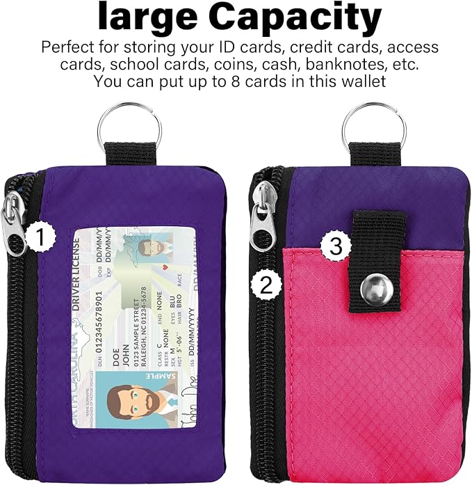 Minimalist RFID Wallet with Lanyard, Multi-functional ID Case with 2 Zipper Pockets and Key Chain for Men and Women, Tactical Badge Pouch Cards Holder, Coin Purse for Travel Sports - Purple&Rose