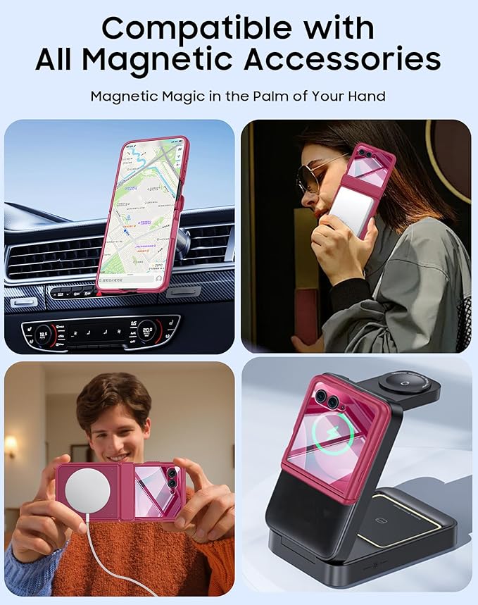 Magnetic for Motorola Razr Ultra 2026/2025 Case,Hinge Protection, Screen Protector, Compatible with MagSafe, Translucent Frosted, Shockproof Slim Cover for Razr Ultra 2026/2025-Rose Red