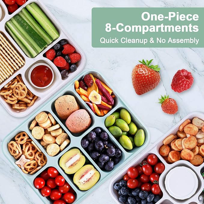 Snackle Box Container, Large 8-Compartment Divided Serving Tray with Lid and Handle, Portable Snack Tray for Travel Party Beach Picnic, Dishwasher Safe, BPA-Free, Wheat Straw