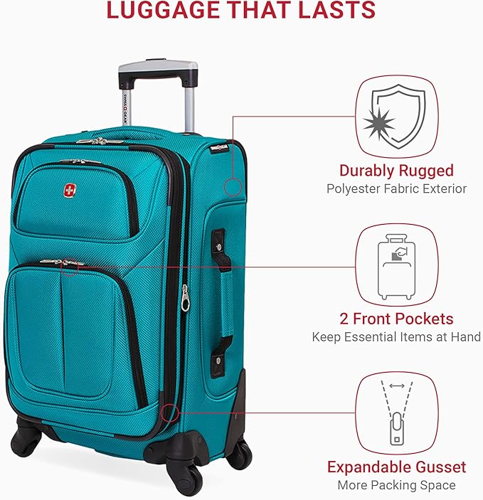 SWISSGEAR Sion Softside Expandable Spinner Luggage Durable Lightweight Travel Suitcase, Teal, Carry-On