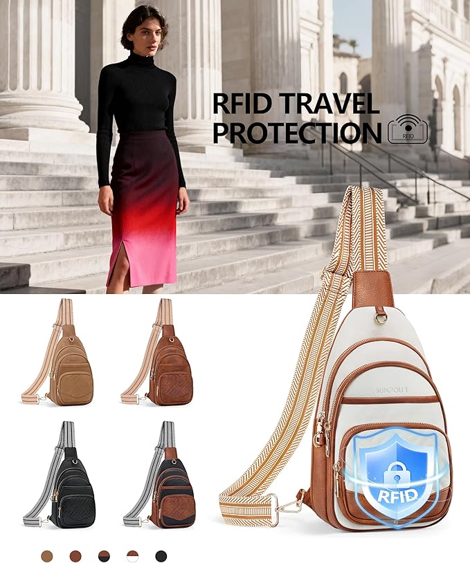 Anti Theft Crossbody Bags for Women, RFID Vegan Leather Sling Purse for Travel, Chest Bag, Cross Body Purses & Fanny Packs(Beige＆Brown)