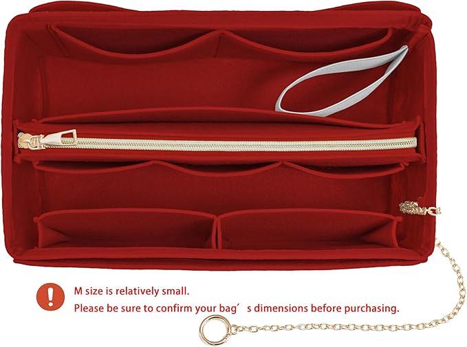 Purse Organizer Insert, Handbag Organizer with Zipper, Tote Shaper with Cup Holder & Keychain, Compatible with LV, Neverfull, MK, COACH, Longchamp, Kate Spade – Red-Med
