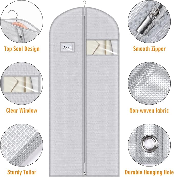 Syeeiex 60'' Dress Bags for Gowns, Set of 4 Garment Bag for Hanging Clothes, Dress Garment Bag, Dustproof and Keep Closet Tidy, Perfect for Suit Evening Dresses Fur Coat Long Dress Gown(Grey Pattern)