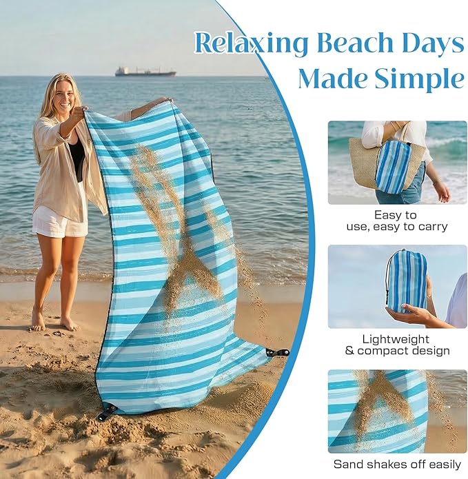 OIGAE Family Beach Blanket, 7×8 ft Sand-Free Picnic Mat for 1–4 People, Quick-Dry Lightweight Outdoor Blanket with Stakes & Corner Pockets, Blue Wave Stripes
