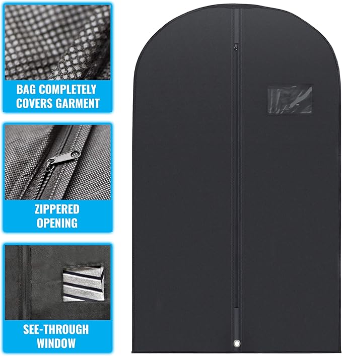 Plixio Garment Bags Suit Bag for Travel and Clothing Storage of Dresses, Dress Shirts, Coats— Includes Zipper and Transparent Window (Black - 100 pack: 40")