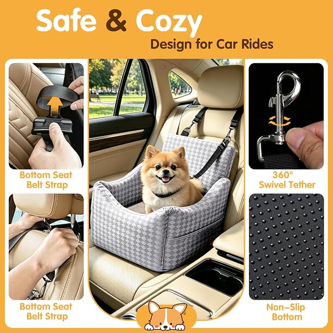 Topmart Dog Car Seat for Small Medium Dogs Under 35lbs, Memory Foam Safety Dog Booster Seat for Front & Back Seat, Cozy Pet Bed for Car with Safety Tether, Storage Pockets, Machine Washable Cover