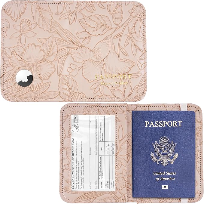 lizimandu Passport Holder with Airtag Slot, Airtag Passport Wallet for Men Women, Slim Leather Passport Holder Case Family for Travel Anti-Lost(1-Carved Brown)
