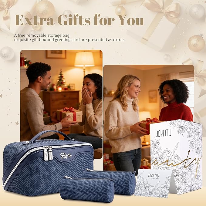 BOYATU Travel Makeup Bags for Women: Vintage Roman Column Texture Large Capacity Cosmetic Bag - Each Journey, Quiet Luxury Serenity - 3 Pcs Set Organizer Toiletry Purse 50% Extra Storage(Indigo)